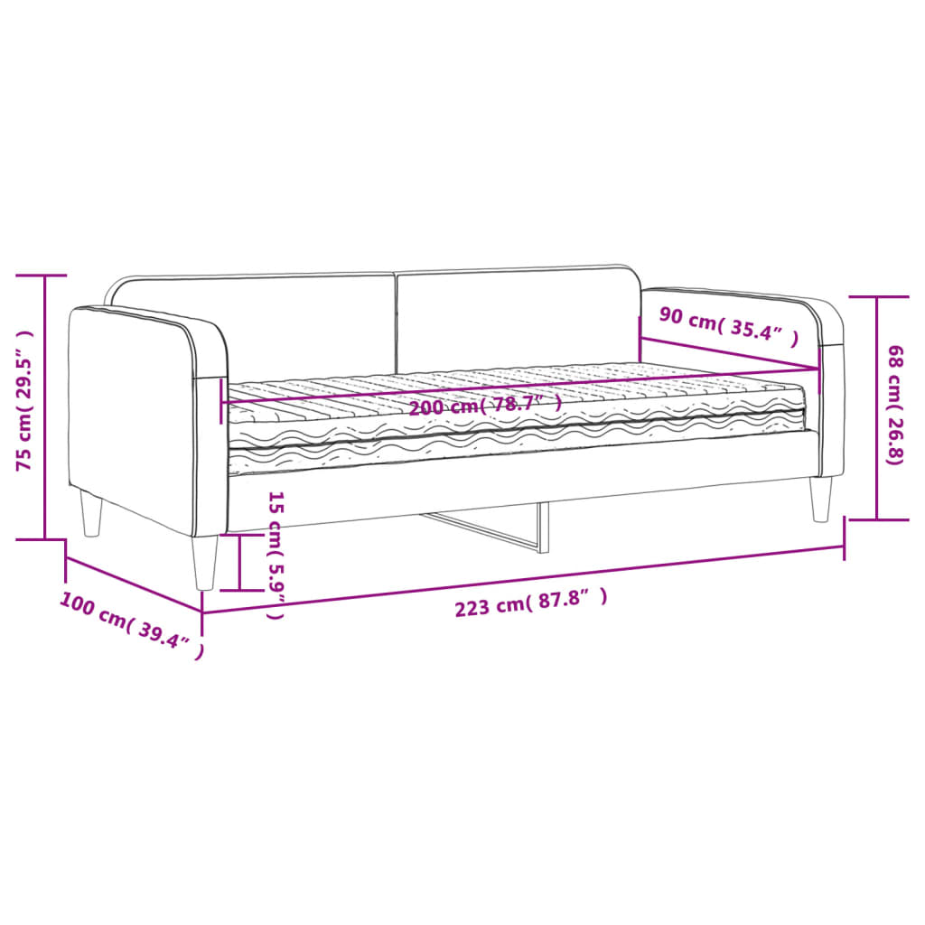 Daybed with Mattress Dark Grey 90 X 200 Cm Fabric