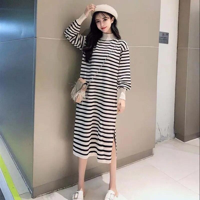 Rolák Pletené šaty Pruhované Dámské Svetr Dlouhý rukáv Volný Rozdělený Spodní Šaty Dojíždění Harajuku Podzim Zima
