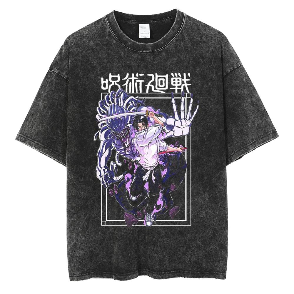 Anime Jujutsu Kaisen Itadori Yuji Ryomen Sukuna Graphic Washed T Shirt Men Vintage Cotton T-shirts Harajuku Male Casual TShirt