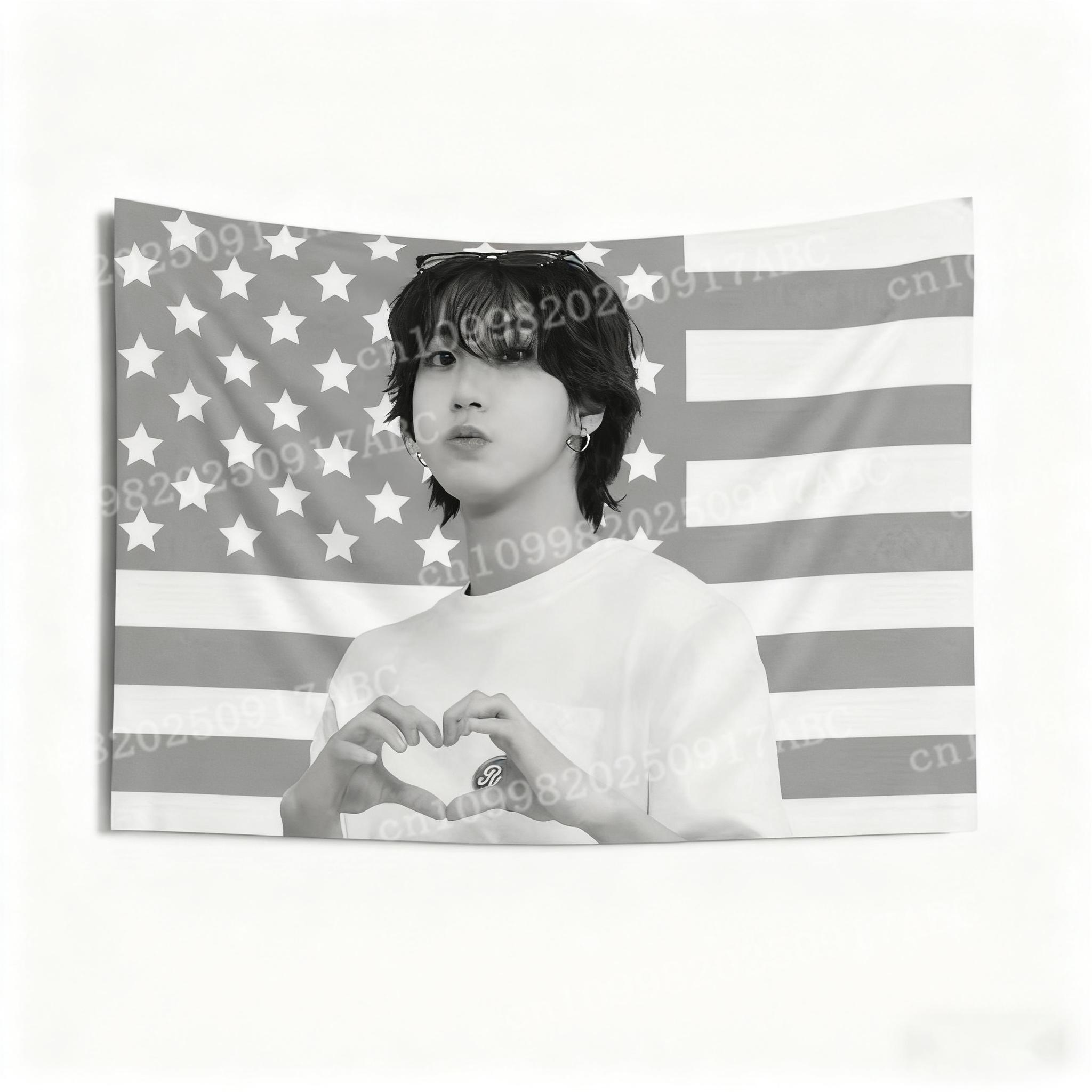 American Flag Tapestry Home Decor Tapestry Pink American Flag Design with Young Man Making Heart Gesture Gift Home Tapestry 74x94cm(29x37in)