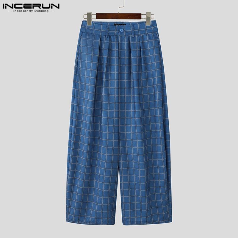 INCERUN Men Casual Zip-up Waist Plaid Wide Legs Pants Long Trousers