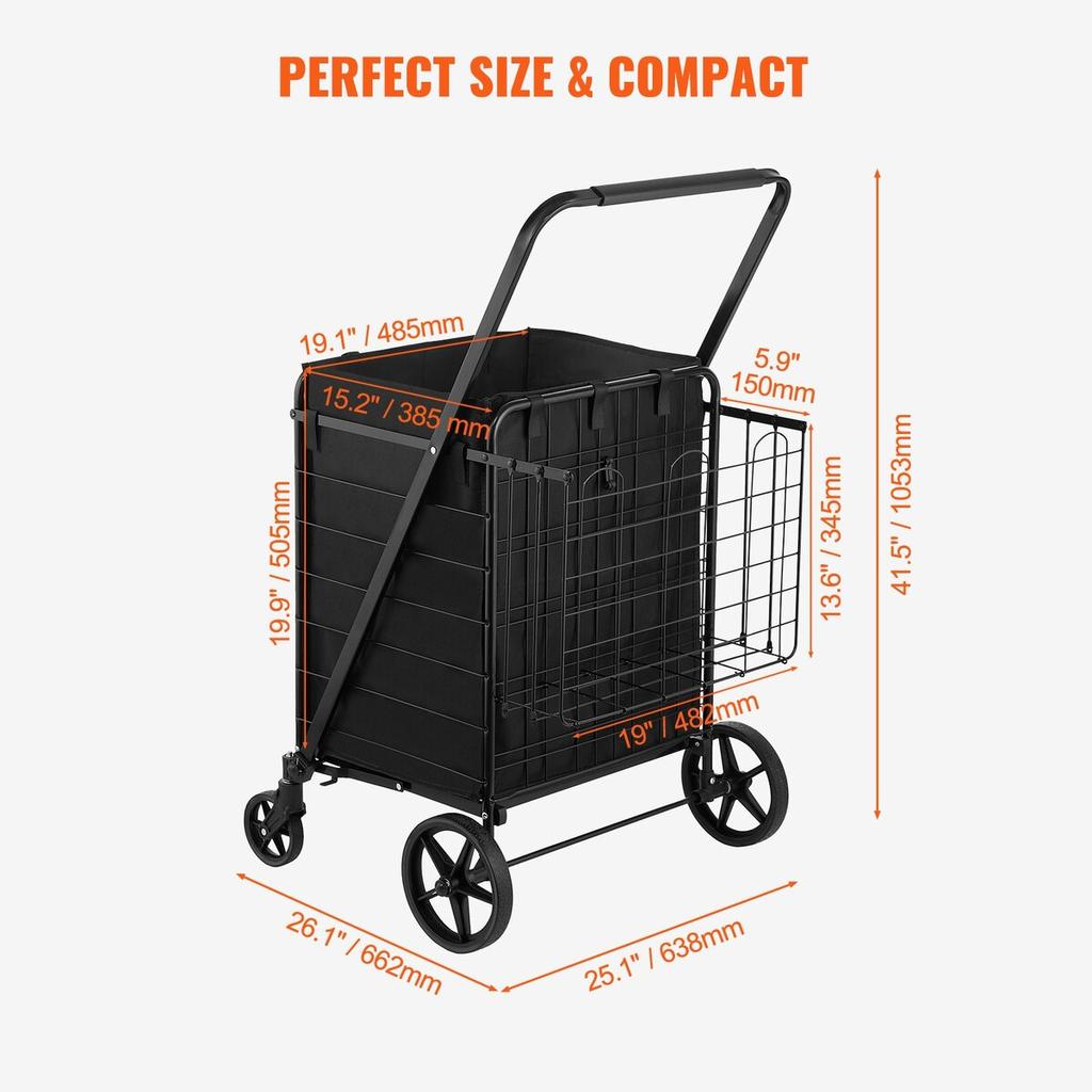 Folding Shopping Cart with Removable Waterproof Liner, 330LBS Large Capacity Jumbo Grocery Cart with Dual Basket, 360° Swivel Wheels, Dense Metal Mesh