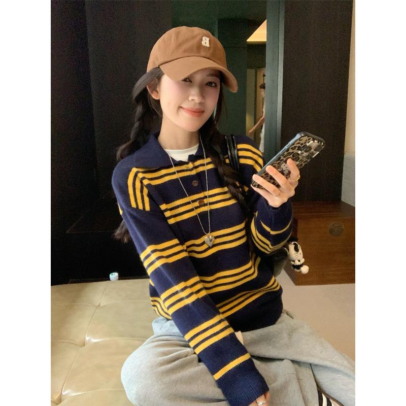 Vintage Polo-Kragen gestreifter langärmeliger Strickpullover Herbst locker altersreduzierend Oberbekleidung Unterziehpullover Damen