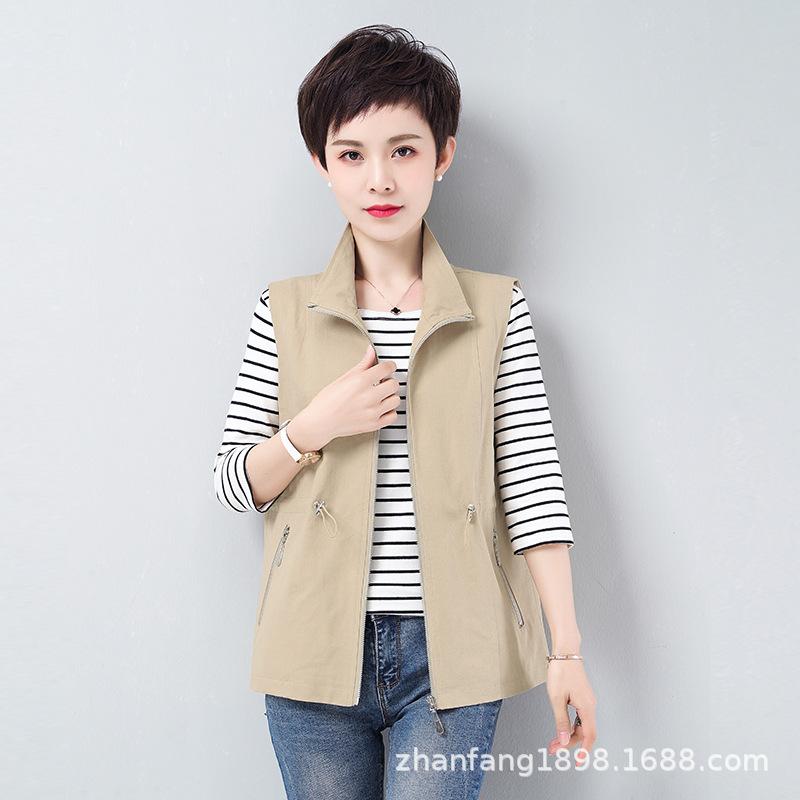 Women's Cotton Sleeveless Vest Short Waistcoat With Pockets Waist‑Tied Casual Outerwear For Middle‑Aged Women Spring Autumn Cardigan