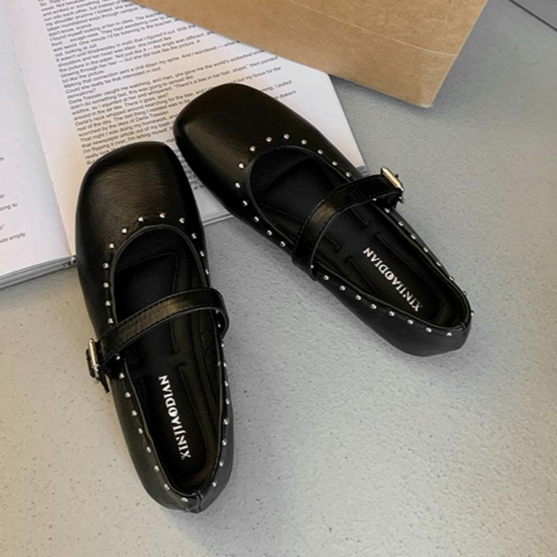

Fashion Spring New Single Shoes Women Fashion Square Head Shallow Mouth Riveted Metal Buckle Line with Soft Sole Non-slip Flat Shoes 35