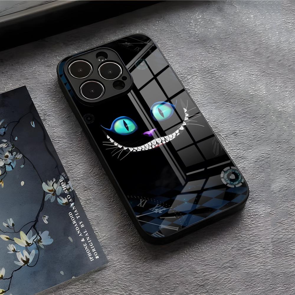 C-Cheshire Cat Cool Phone Case For IPhone 17 Air 16 E Pro Max 15 14 13 Mini 12 Pro 11 Max Plus Black Glass Cover