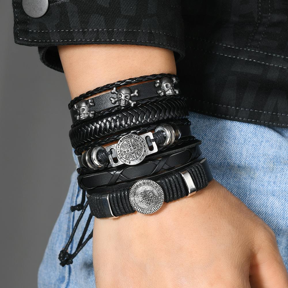 Cross-border New Punk Style Cross and Skull Bracelet, Men's Fashion Imitation Leather Wolf Head Accessories