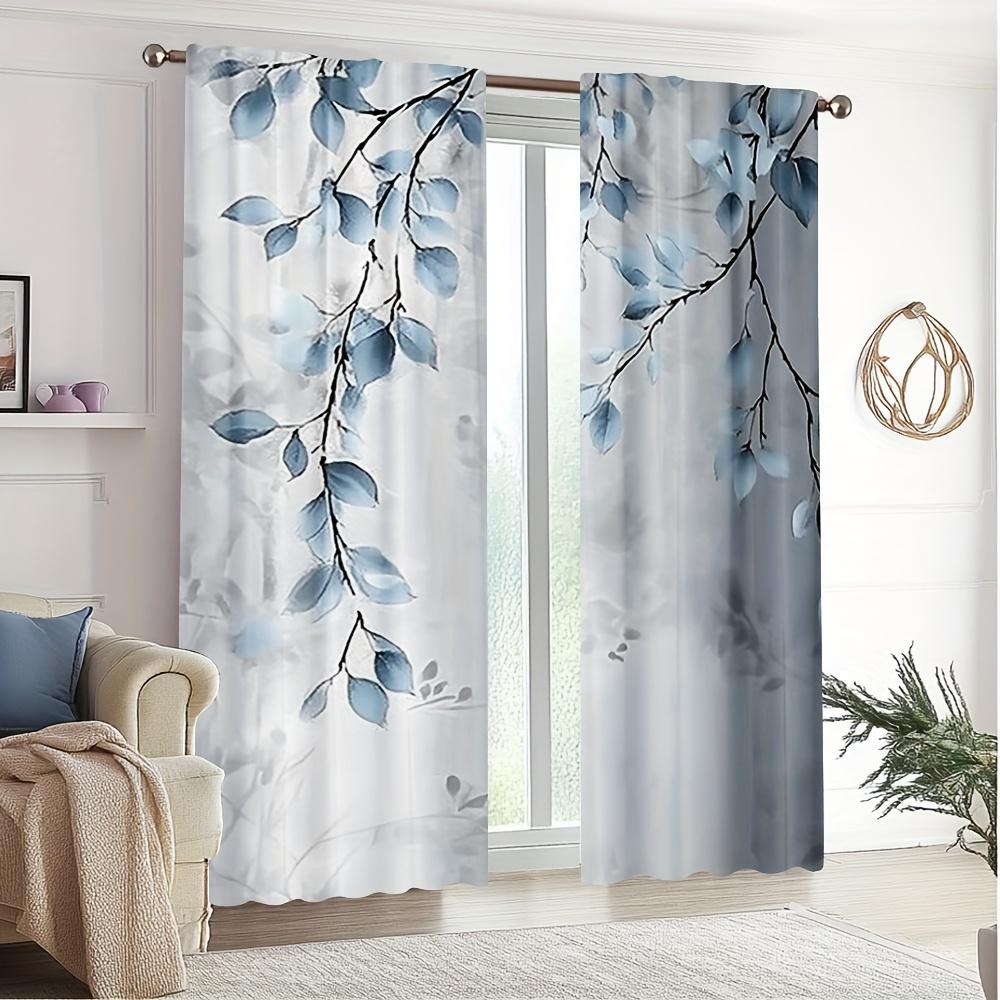 2pc Fresh Blue Leaf Print Curtains   Polyester Fabric   Machine Washable   Suitable for Bedroom and Living Room Decoration