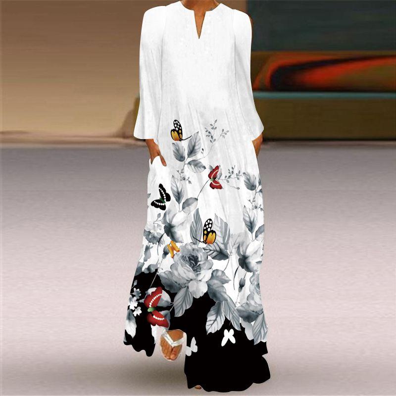 Purple Butterfly Pattern 3D Print V-neck Long-Sleeve Dress Stage Show Women's Travel Holiday Style Beach Dress