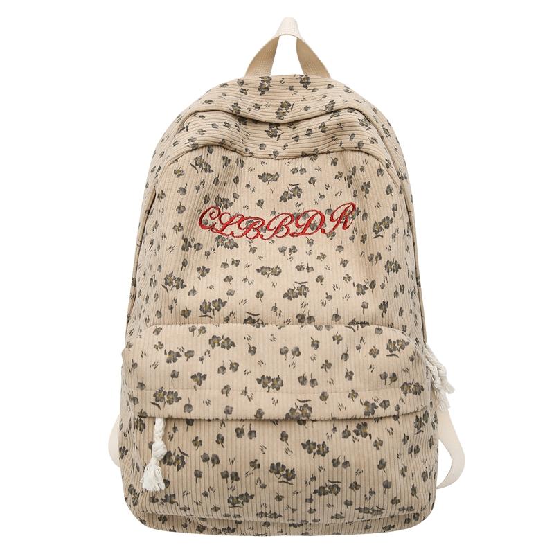 Women's Floral Print Backpack Corduroy Student School Bag Campus Large Capacity Backpack