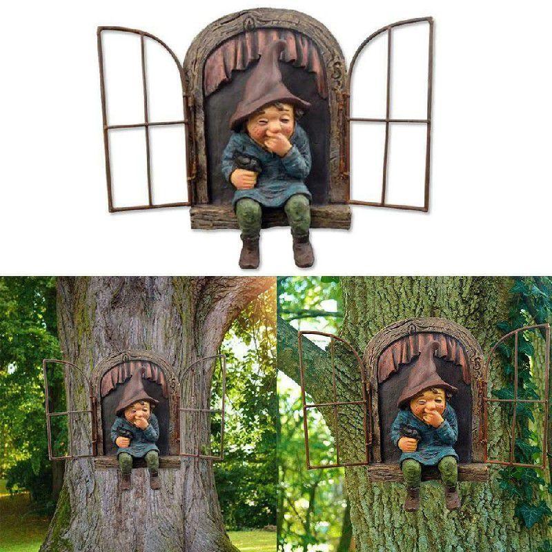 Lifelike Elf Out The Door Naughty Gnome Garden Sculpture Tree Hugger Outdoor Yard Ornament