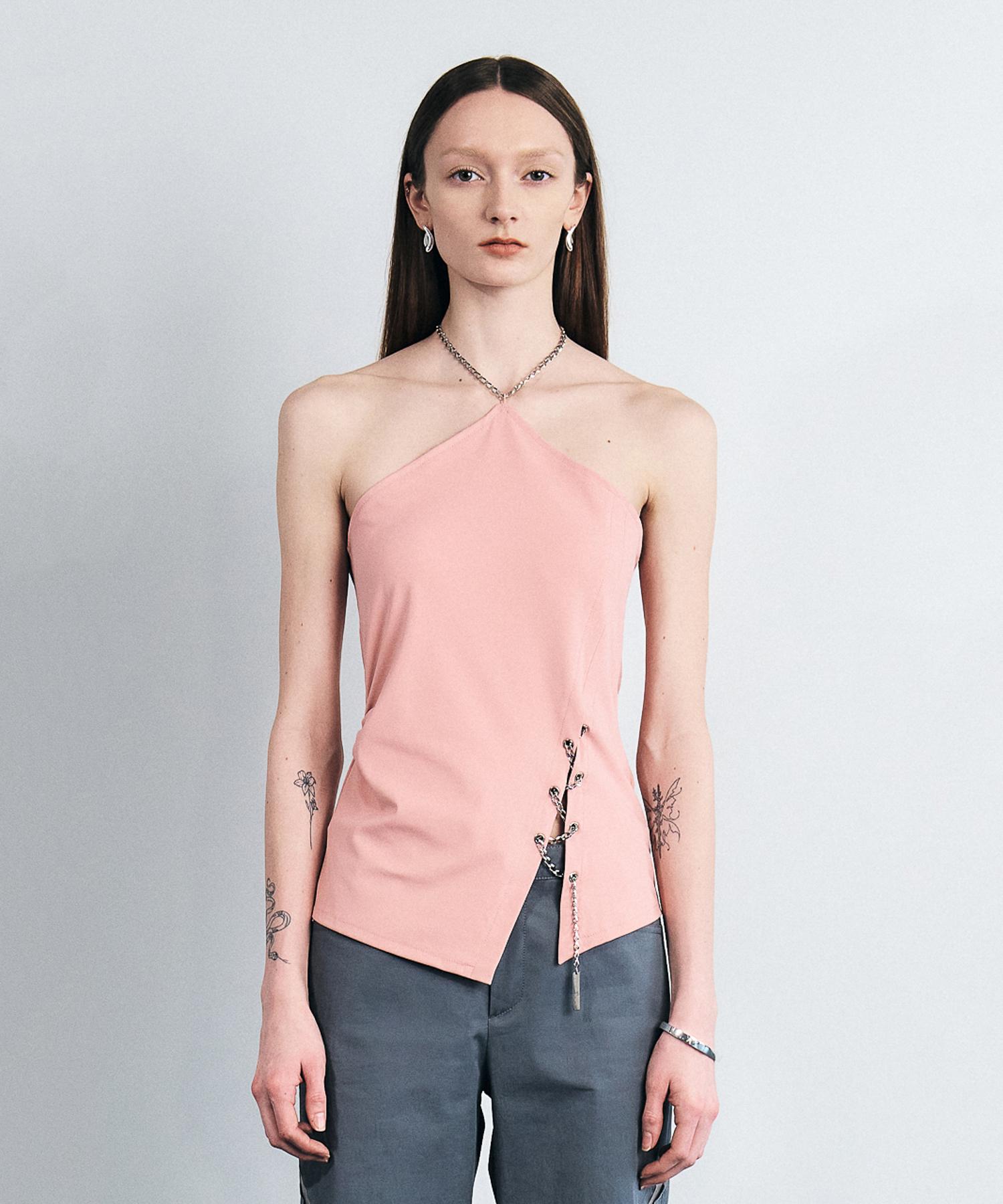 Sillot Chain Halter Slit Sleeveless Top (Pink) Pink/One Size