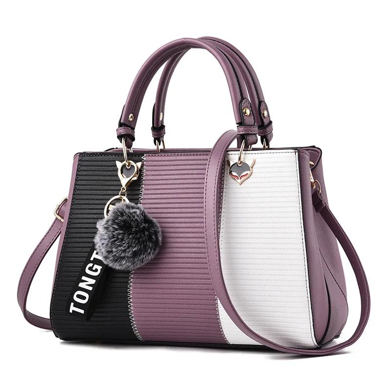 Women's New Fashi Hair Ball Pendant Stitching Ladies Handbag Trend All-match Retro PU Messenger Bag Shoulder Bag Wallet