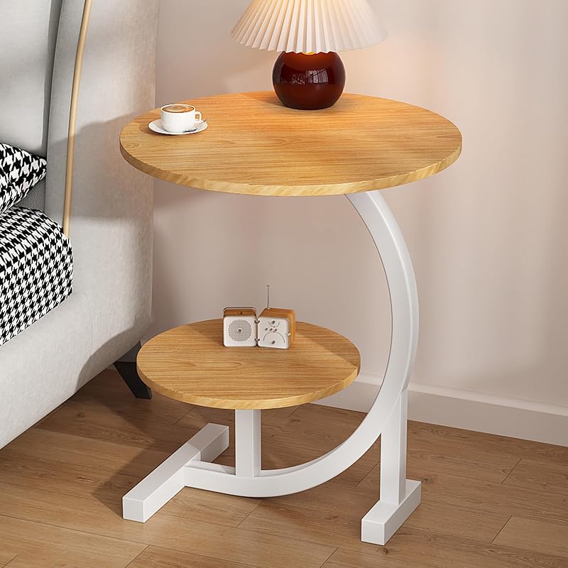 2 Tier End Table, C Shaped Side Table with Metal Frame, Small Coffee Table with Storage, Round Sofa Table for Living Room, Bedside Table for Bedroom,
