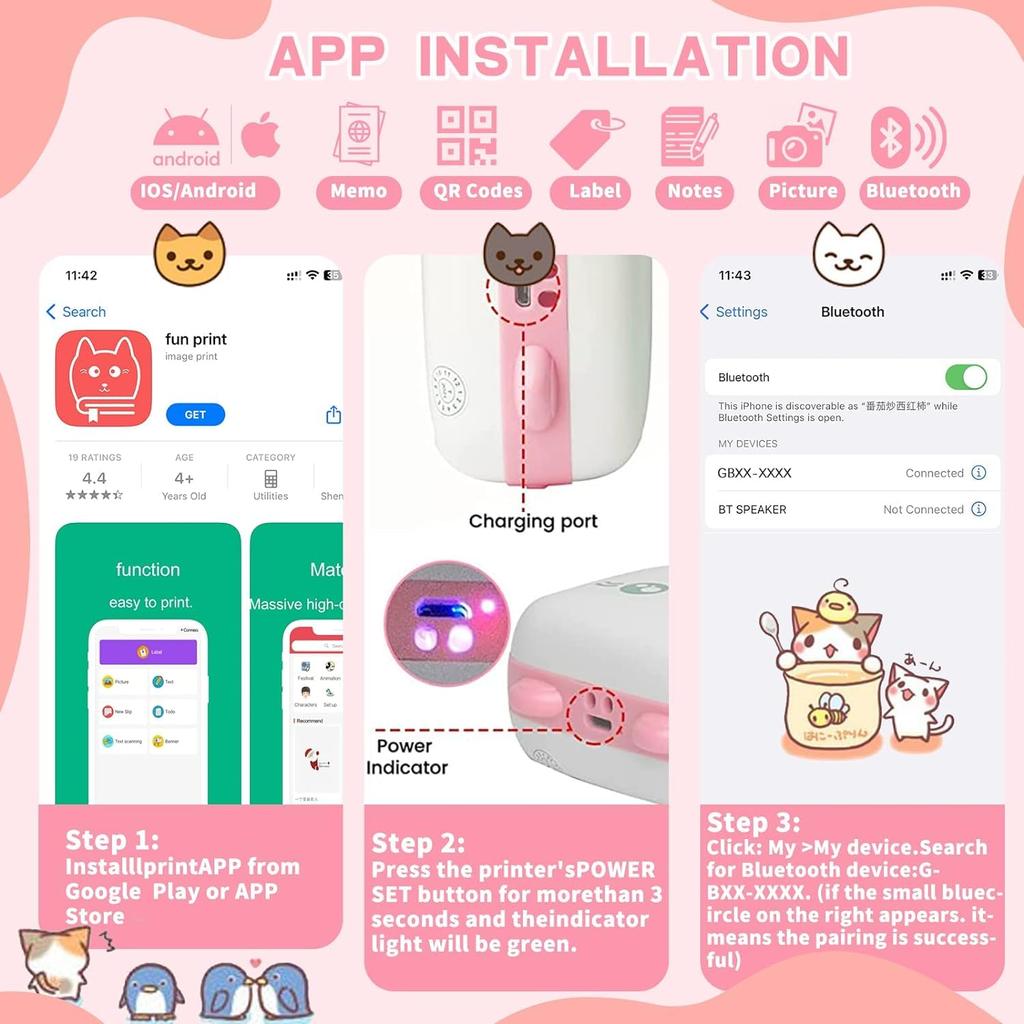 Mini-Drucker, tragbarer BT-Thermodrucker ohne Tinte, Auflösung 200 DPI, eingebaute 1 Rolle antihaftbeschichtetes Thermopapier, tolles Geschenk für Mädchen oder Kinder