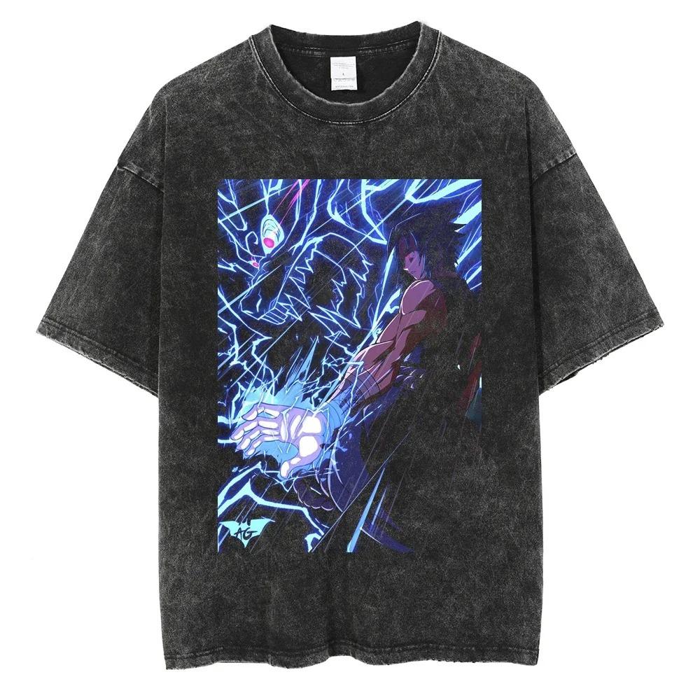 

Летняя футболка с коротким рукавом из хлопка для мужчин и женщин Streetwear Винтажная черная стираная футболка Harajuku Аниме Наруто Принт Футболка Свободные Топы Футболки L