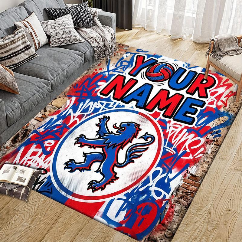 Custom Name,Olympique Lyonnais Home Sofa Decoration for Living Room & Bedroom, Non‑Slip Play Flannel Floor Mat for Game Room