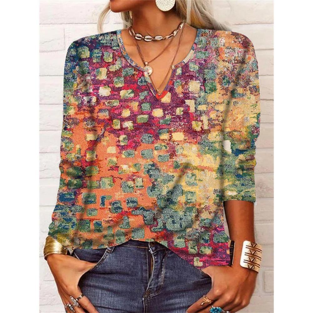 

GMXIA Осенняя свободная футболка с длинным рукавом и цветочным принтом, с V-образным вырезом, для женщин XXL коралловый