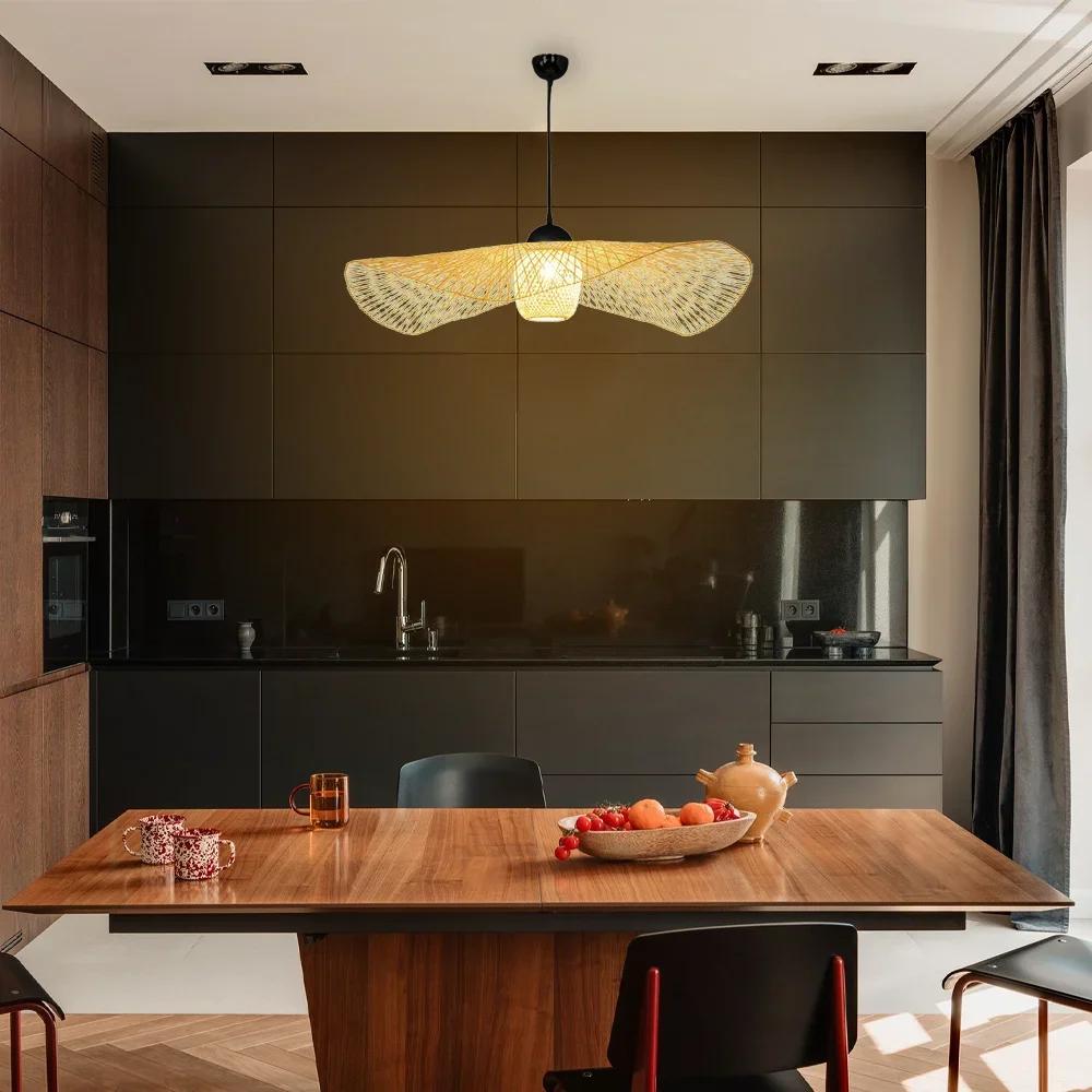 Populær håndvevd tak veving lysekrone lampe rotting flettet hjemme soverom Bambus kunst lampe Hanglamp E27 oppheng armatur