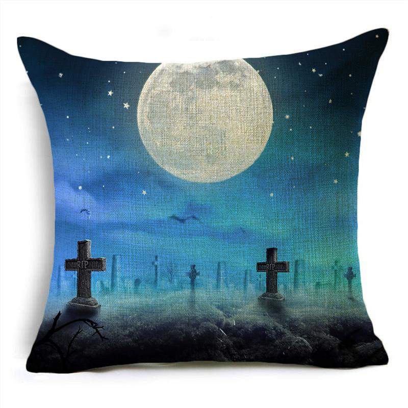 Halloween Happy Pumpkin Lantern Moon Cemetery Print Cushion Cover Home Living Room Sofa Decoration Pillow Cover