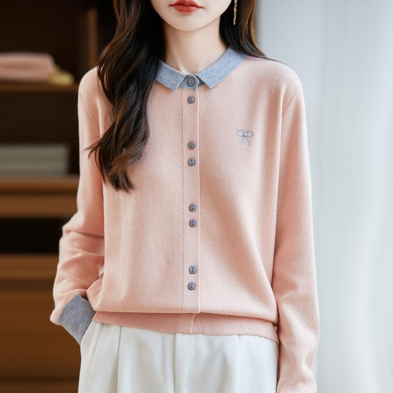 Autumn New Color Block Polo Collar Wool Sweater Women's Slim Simple Woolen Cardigan