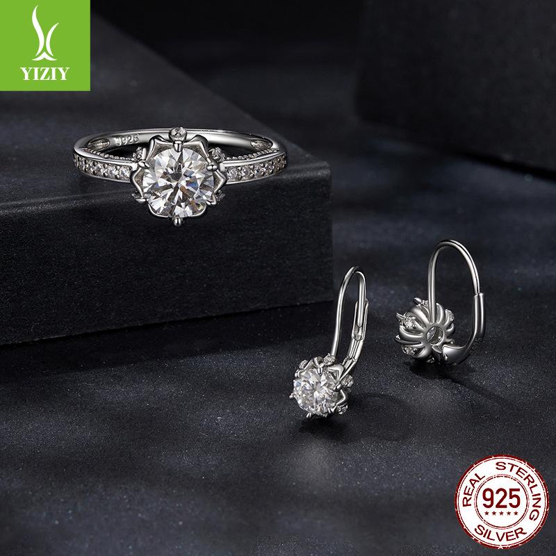 D Color Mozzarella Diamond 1 Carat Ring Earrings Set Women'S S925 Sterling Silver Super Flash Luxury Marriage Proposal Jewelry