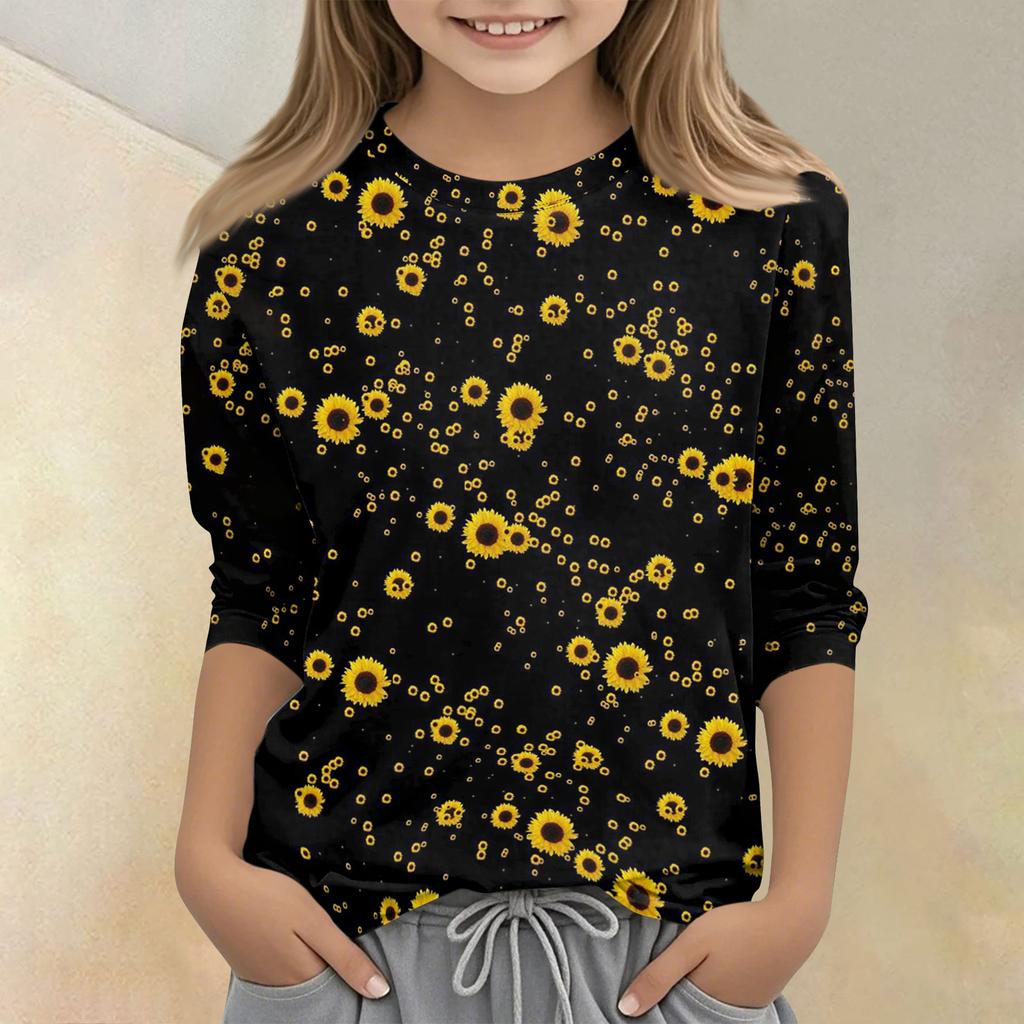 Kinder bedrucktes Rundhals Siebenviertelarm Freizeit T-Shirt