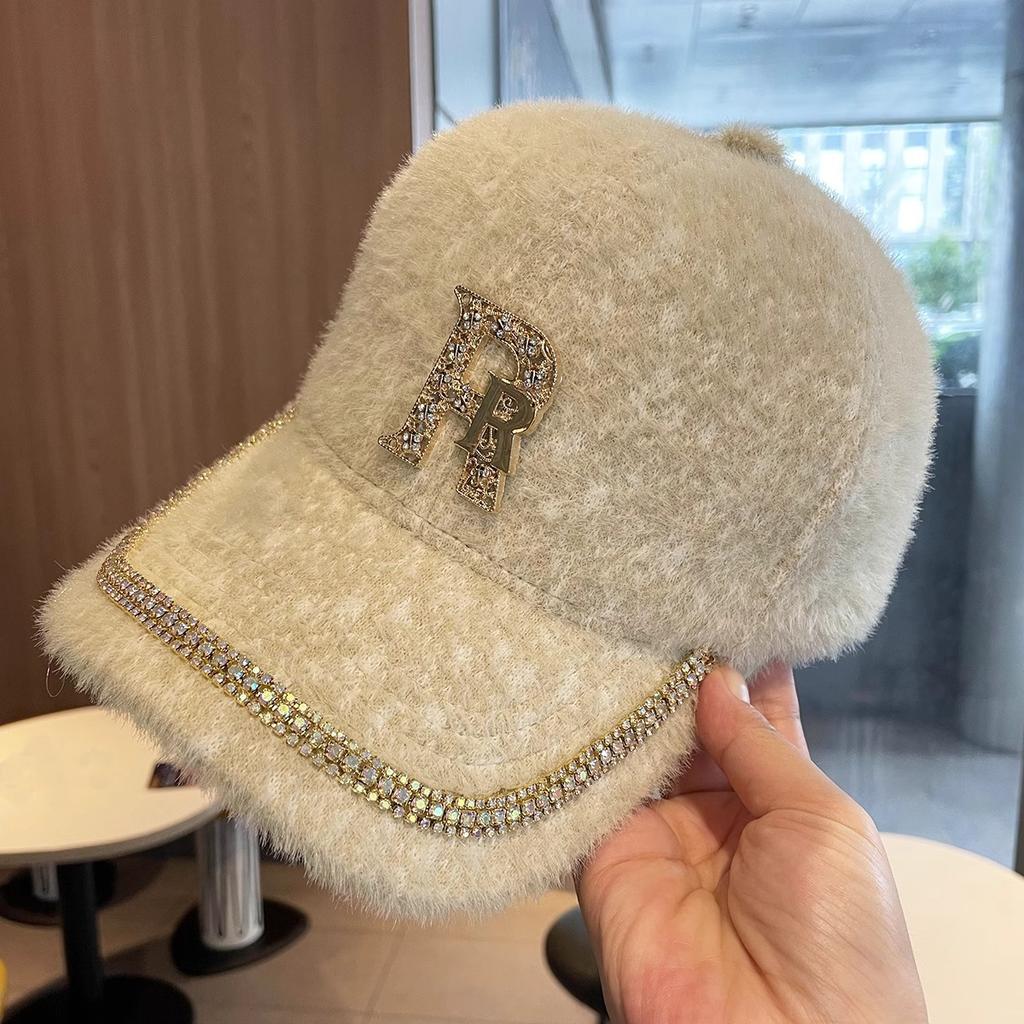 Rhinestone Alphabet Baseball Cap Women's Autumn and Winter Plush Warm Hat Fashion Versatile Mink Hair Cap