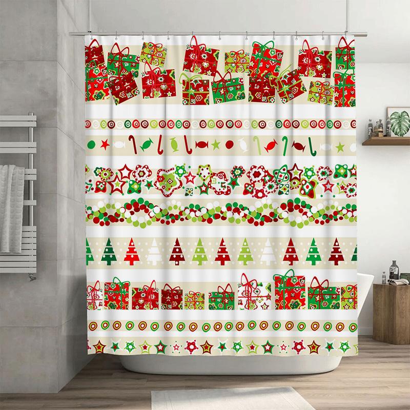 TU Festive Christmas Shower Curtain Holiday Red Green Pattern Waterproof Bathroom Decor Festive Xmas Holiday Home Textile Fabric