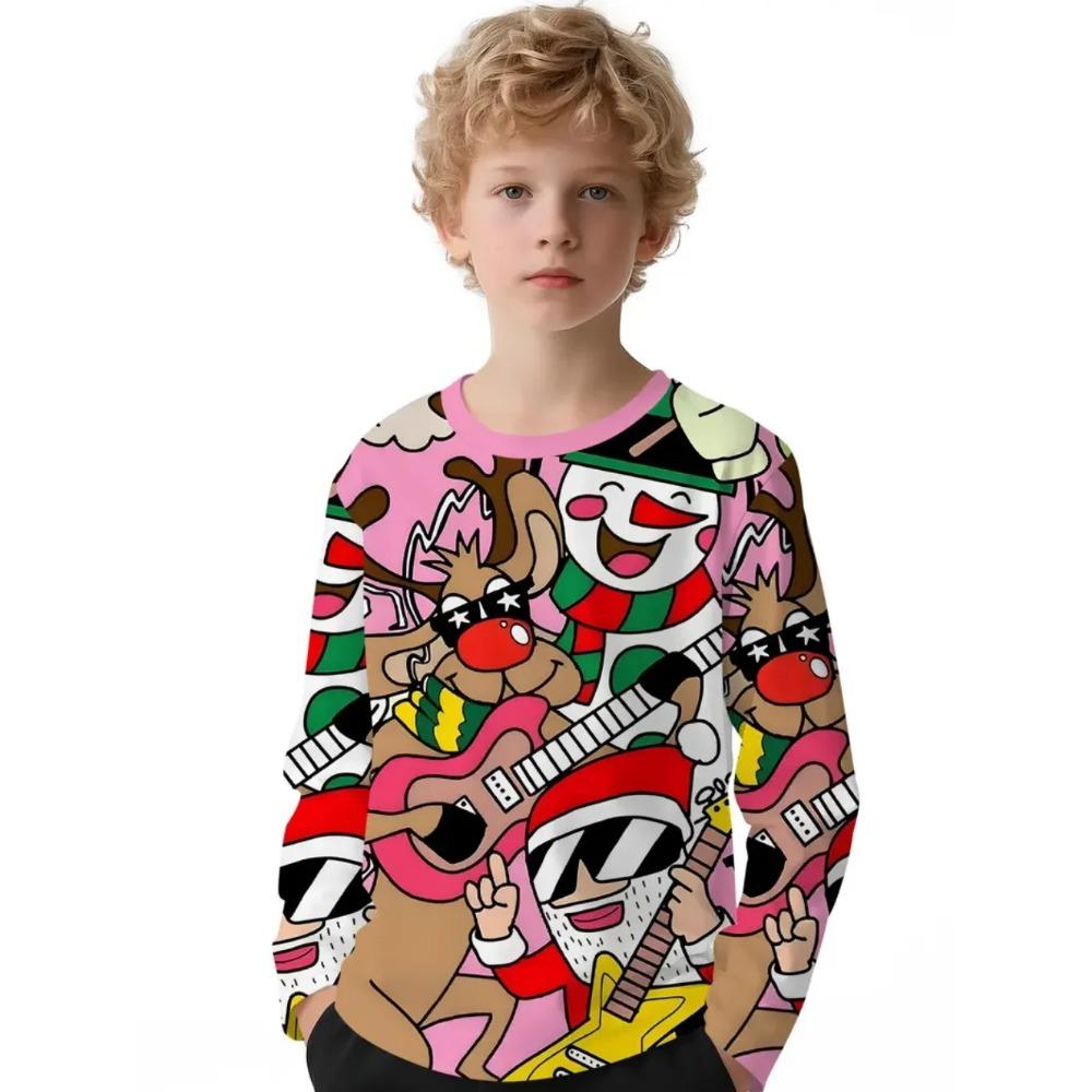 Spring and Autumn Round Neck Cute Santa Claus Pattern 3D Printed Top Fashionable Casual Long Sleeved Children's Boy T-shirts