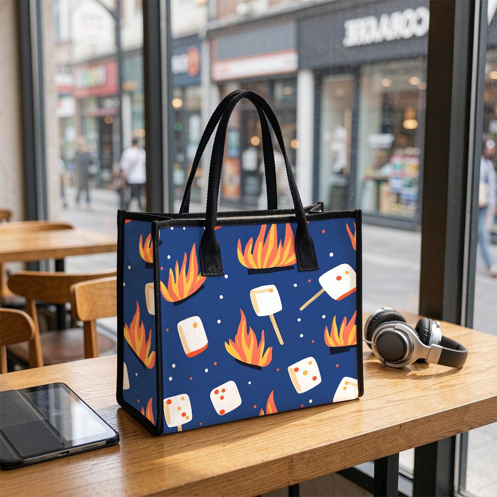 Cute Camping Print Canvas Tote Bag Large Capacity Portable Daily Handbag for Outdoor Shopping Travel Use