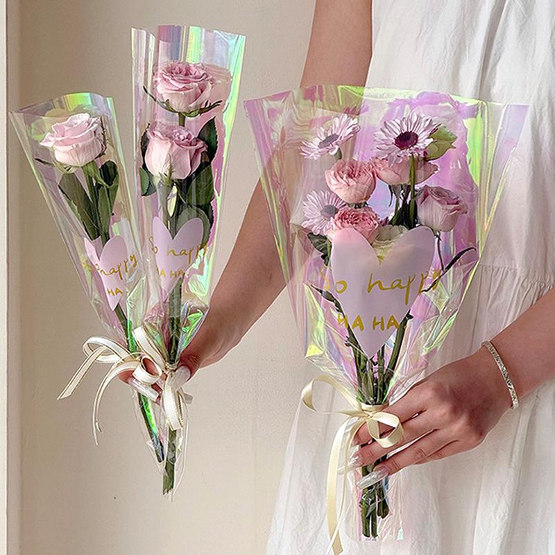 30PCS Love Heart Iridescent Single Rose Sleeves DIY Transparent Flower Wrapping Bag Floral Material Packaging Waterproof