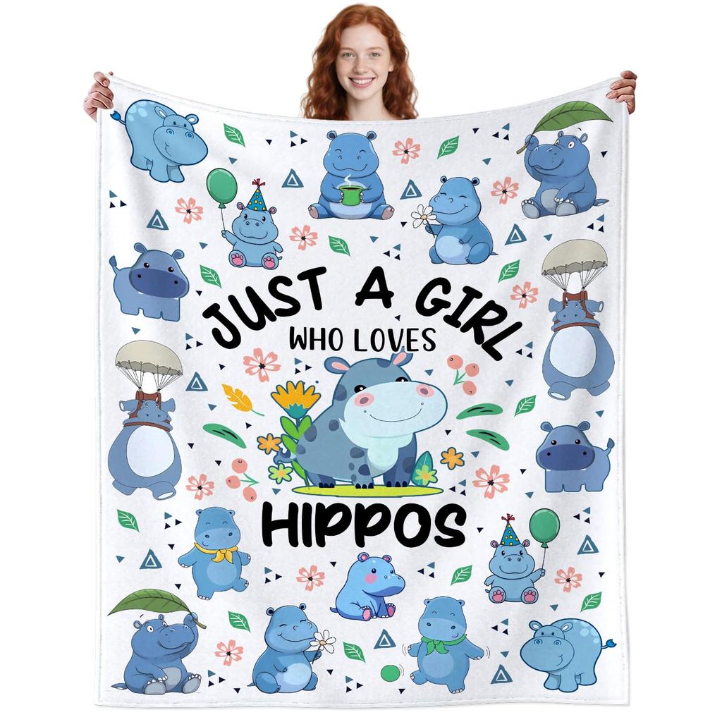 Lovely Hippo Throw Blanket Cute Cartoon Flannel Blanket for Couch Bed Travel Outdoor Home Decor Warm Fuzzy Blanket for Boys Girl