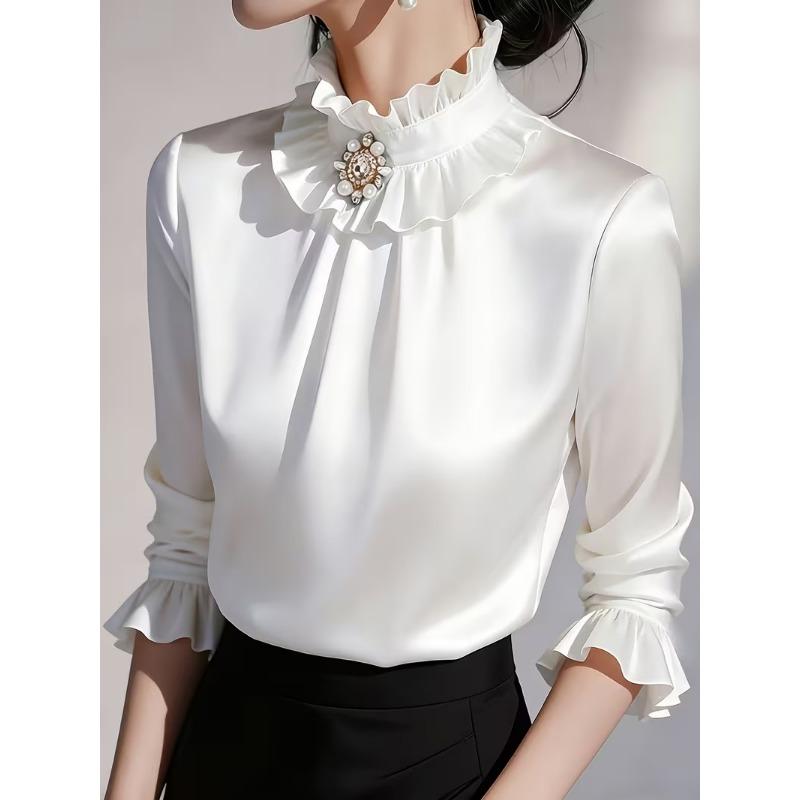 Women ruffled stand collar satin three quarter sleeve shirt multi color slim fit rhinestone pearl brooch office elegant blouse