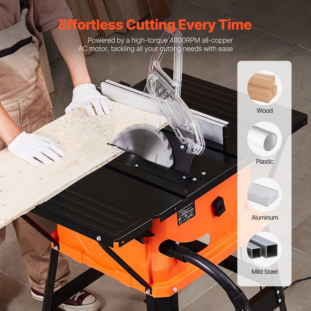 Table Saw with Stand, 1800 W Portable Compact Tablesaw, 254 MM Saw Blade O.D, 200 MM Max. Cutting Capacity, 4800 RPM Cutting Speed, With 24-tooth Saw