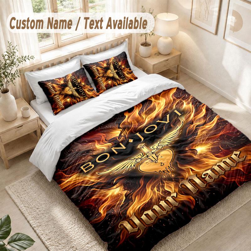 Custom Name Bedding Set 3 PiecesBon Jovi Print Duvet Cover + 2 Pillowcases Soft Bed Decor