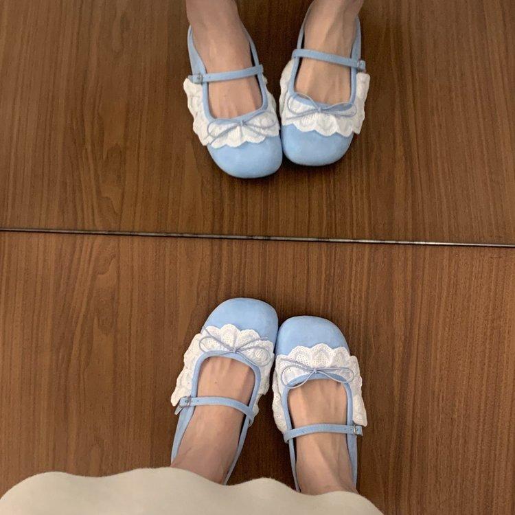 Spring Summer Women's Flat Slippers | Square Toe Closed-Toe French Gentle Lace Bow Fairy Mary Jane Ballet Shoes
