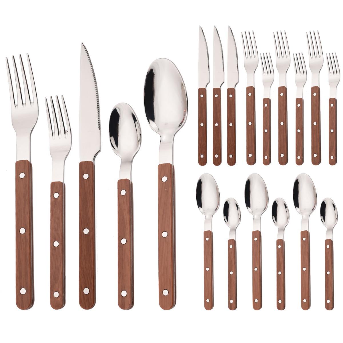 

20-Piece Silverware Eating Utensils Set with Retro Handle, Service for 4, Stainless Steel Flatware Knife Fork Spoon Set Mirror Dishwasher Safe коричневый