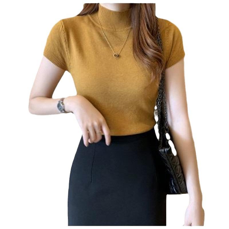 Damen Sommer Koreanischer Stil Strick Halbturtleneck Slim Fit Kurzarm Top
