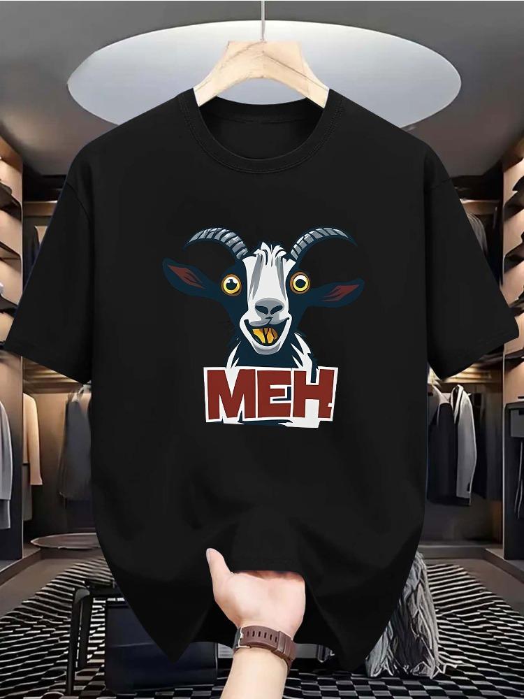 Men O Neck Tee Funny Goat Head Meh Letter Graphic Print Cotton Short Sleeve Loose Summer Daily