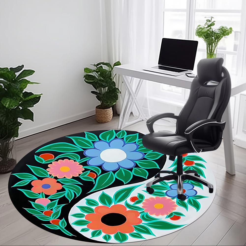 1pc Floral Yin Yang Symbol Carpet, Round Non Slip Durable Large Size Office Carpet, Suitable for Office