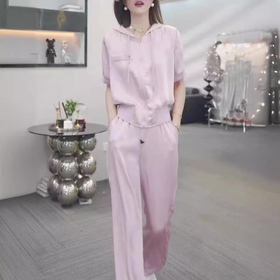 Korean Style Women's Two-Piece Summer Set: Waist-Slimming Hooded Cardigan & Straight-Leg Long Pants.