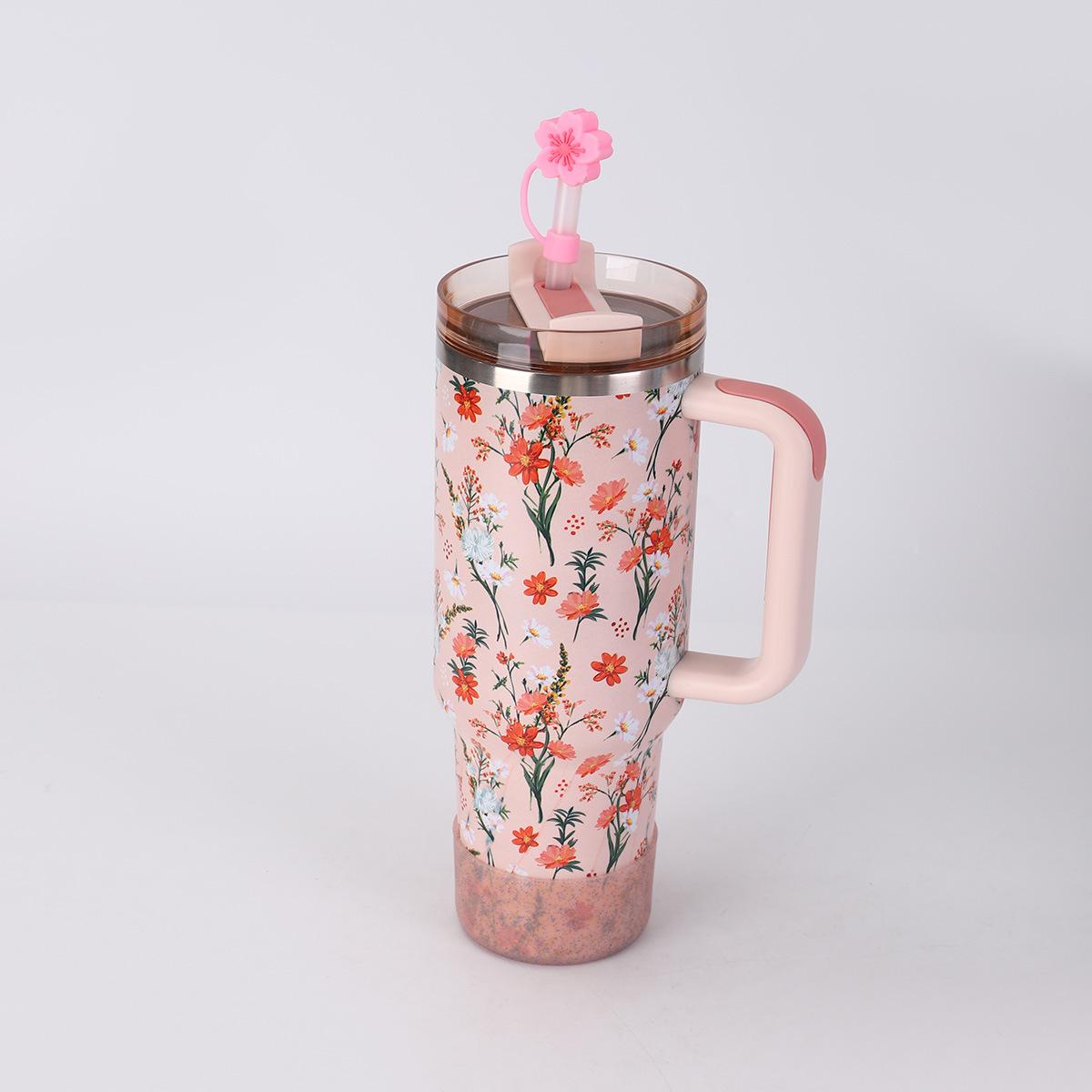Modern Flower Print 304 Stainless Steel Vacuum Insulated Tumbler 40oz Ice Cup Outdoor Portable Handle Car Cup with Straw 40oz(1133.98g) красный
