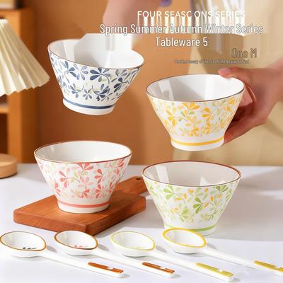 Čtyři roční období květin: Japonská keramická kuželovitá miska na rýži, 5 palců, sada 4 kusů