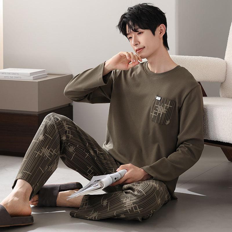 Men'S Pajamas Men'S Spring And Autumn Pure Cotton Long-Sleeved Men'S Autumn Cotton Casual Loungewear Set