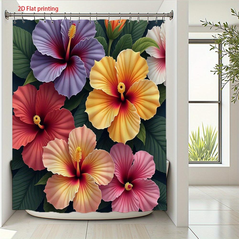 Tropical Hibiscus Shower Curtain 1Pc – Colorful Bold Flowers On Dark Background, Exotic Floral Art For Summer Bathroom Decor