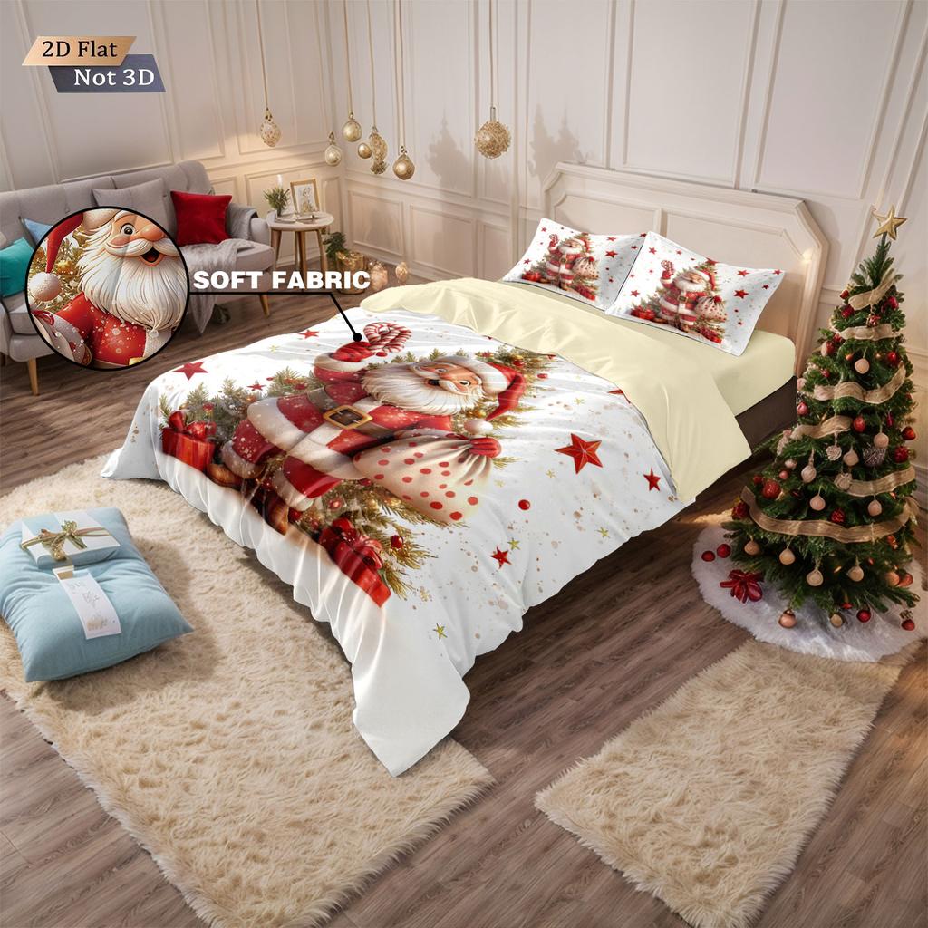3pcs Santa Claus Printed Chipless Bedding Set Soft Dormitory Bedroom Multiple Sizes Machine Washable