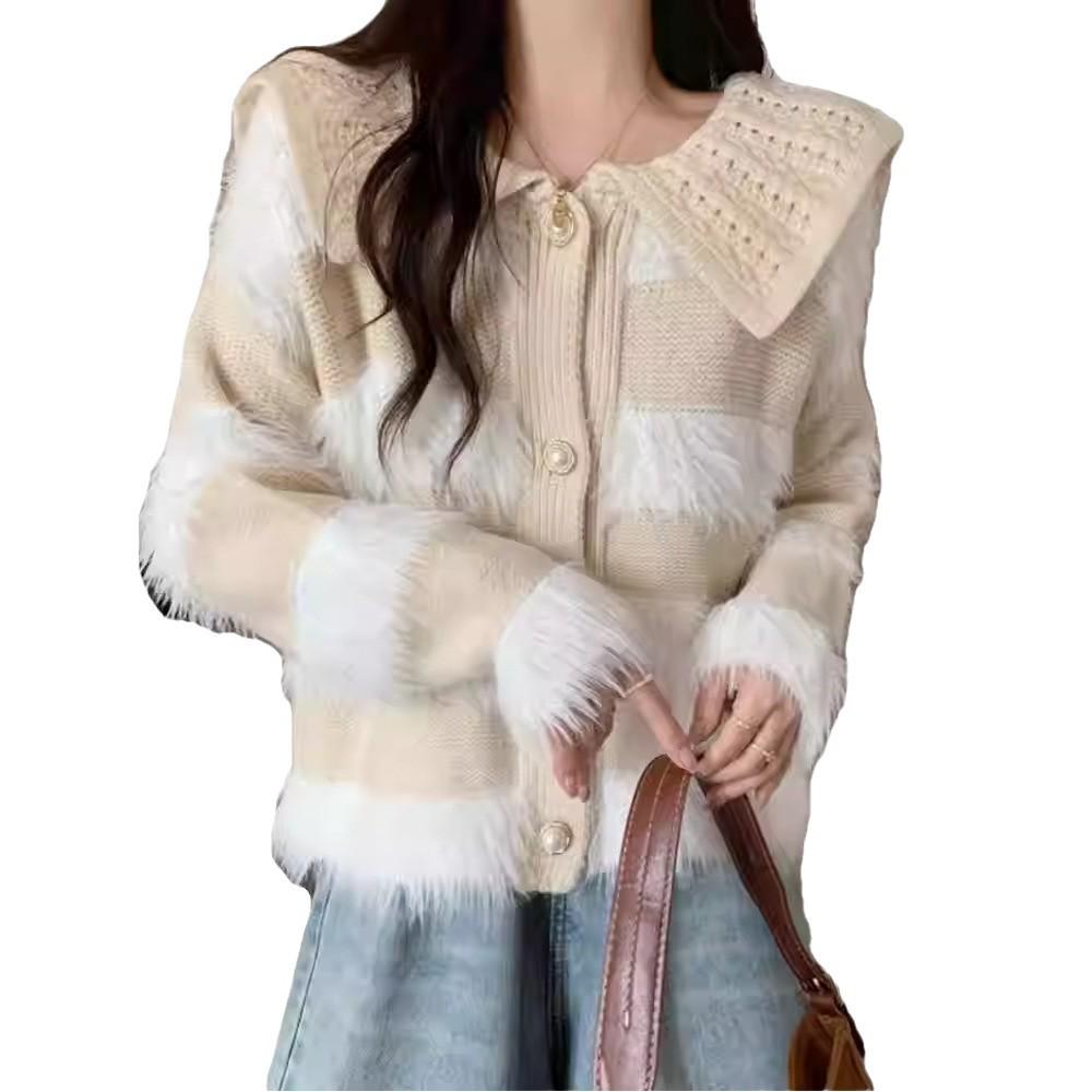2024 Autumn/Winter Age-Defying Doll Collar Patchwork Stripe Plush Knit Sweater in Lazy Style