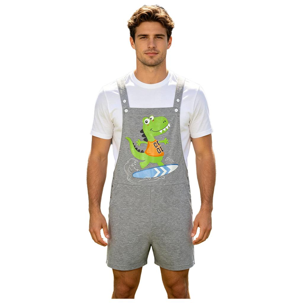 S-XXL Tuta Pigiama da Uomo con Stampa Dinosauro Cartone Animato Colore a Blocchi Posteriore Tasche Spallacci Regolabili Shorts a Salopette Tuta Pigiami