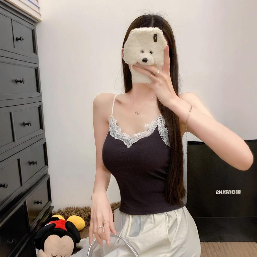 #Spice Girl Tight Lace Edge Splicing Small Suspender Vest Female Pure Desire Off-the-shoulder Thin Top with Chest Pad